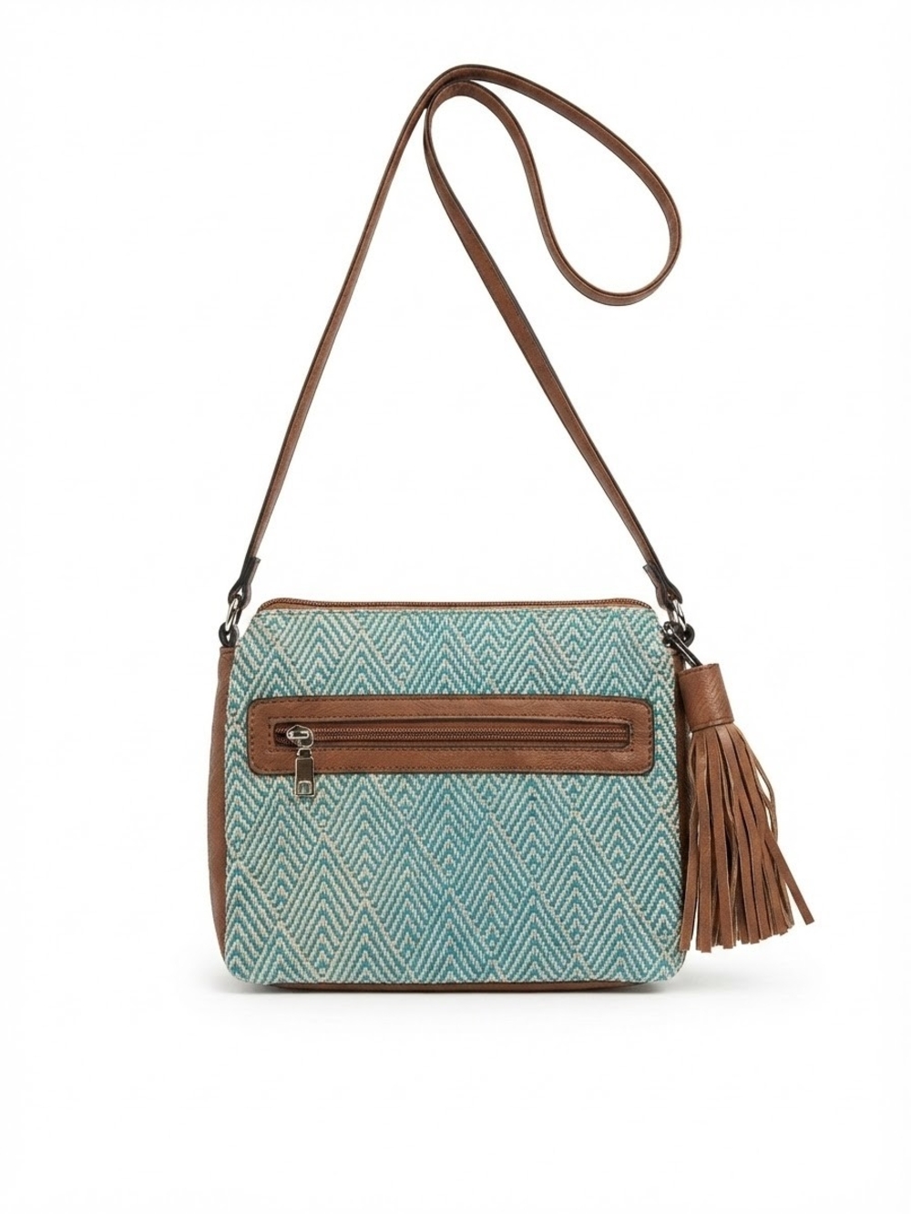 Teal Woven Crossbody Bag with Brown Trim and Tassel